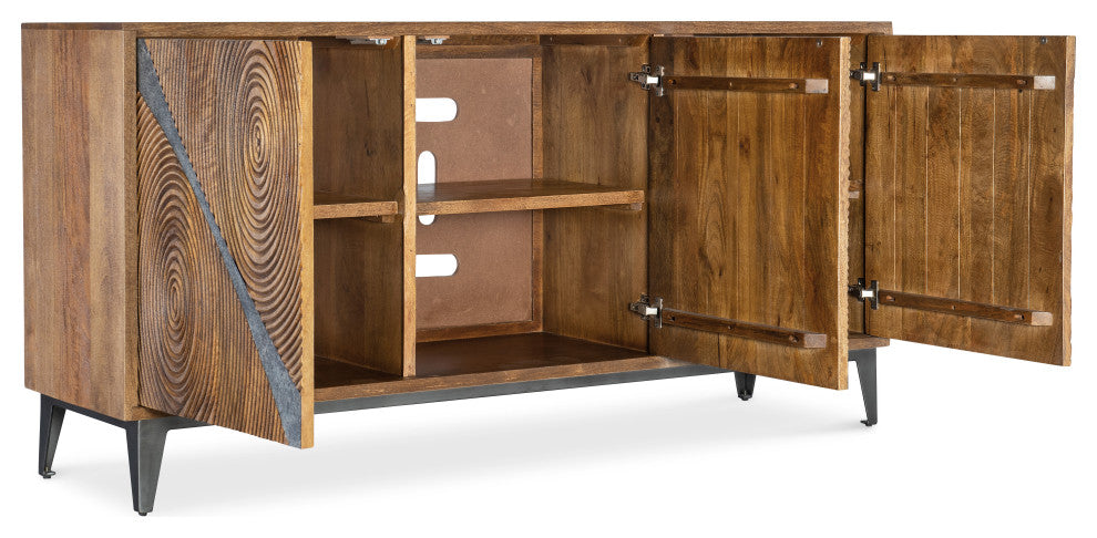 Full product view on white background with doors open, showing interior storage.