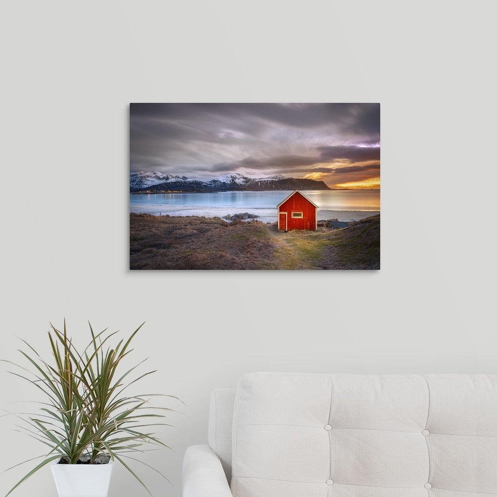 "Red Shack, Rambergstranda Beach" Wrapped Canvas Art Print, 24"x16"x1.5"