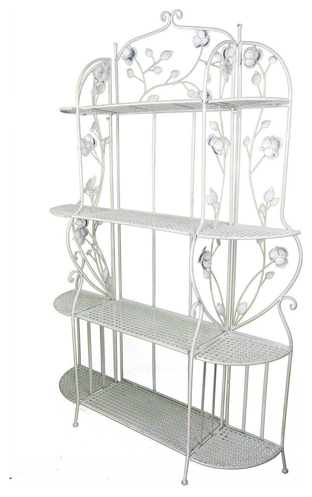 HomeRoots Antiqued White Floral 4 Shelf Bakers Rack