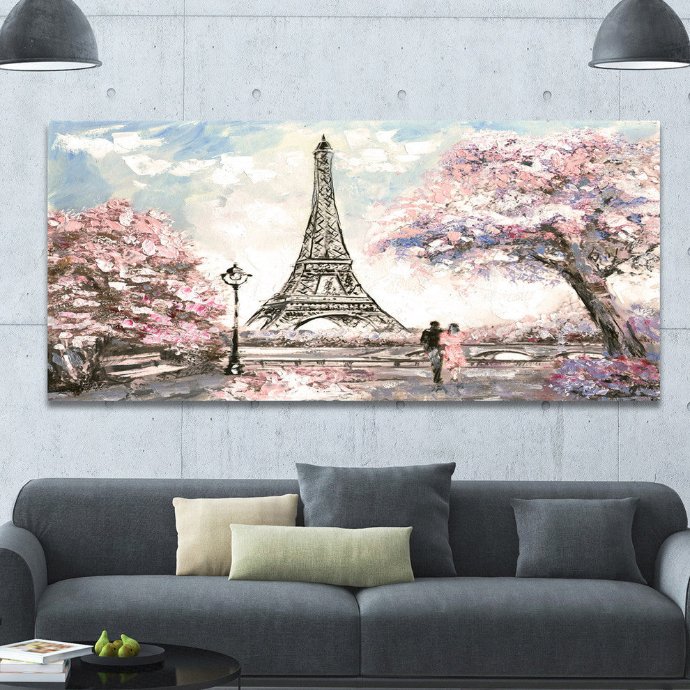 Eiffel with Pink Flowers, Large landscape Canvas Art Print, 60"x28"