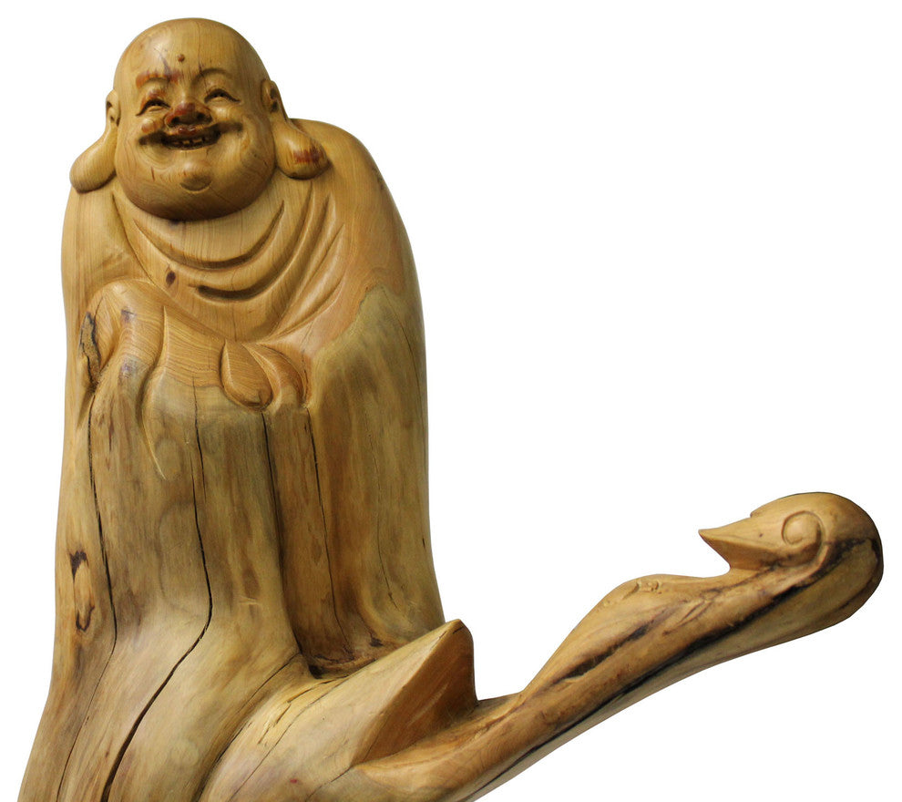 Chinese Cypress Wood Carved Standing Happy Buddha Statue