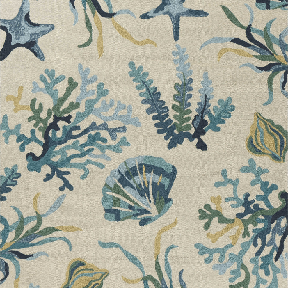 3' X 5' Ivory and Blue Seashell and Coral Hand Tufted Area Rug