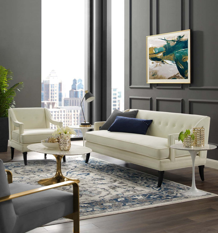 Armchair and Sofa Set, Set of 2, Velvet, Ivory White, Modern, Lounge Hospitality