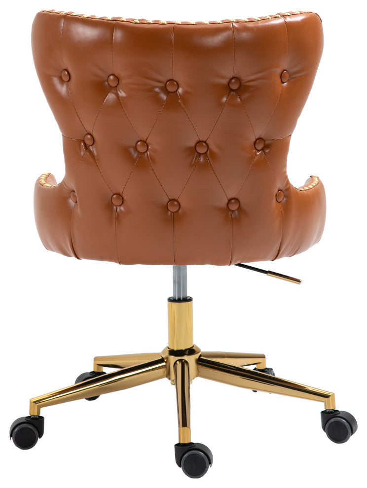 Hendrix Swivel and Adjustable Vegan Leather Office Chair, Cognac, Rich Gold Base