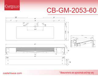 CastelloUSA Pyramid Solid Surface Wall Mounted Ramp Basin Sink, Gray, 60", No Faucet Hole