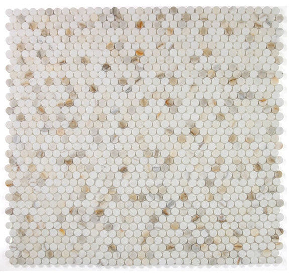Mosaic Tile Marble Penny Coin Series, Calacatta White Gold Glossy