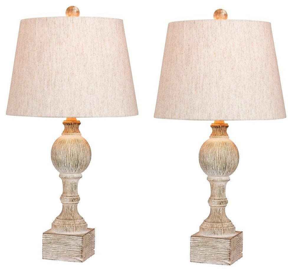 26.5" Distressed Column Resin Table Lamp, Set Of 2, Cottage Antique White