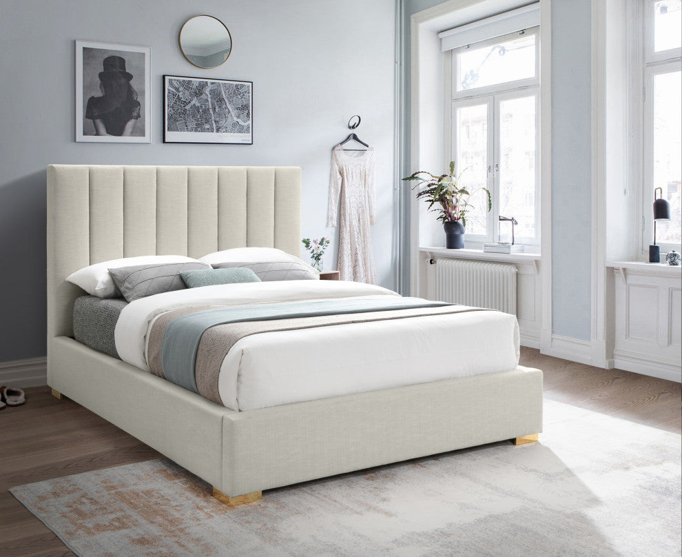Pierce Linen Textured Fabric Upholstered Bed, Beige, Queen