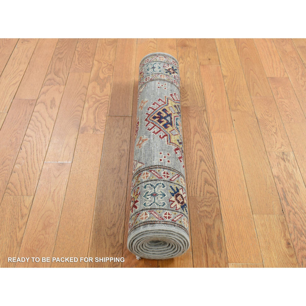 Light Gray Afghan Super Kazak Geometric Design Hand Knotted Wool Rug 2'10"x8'