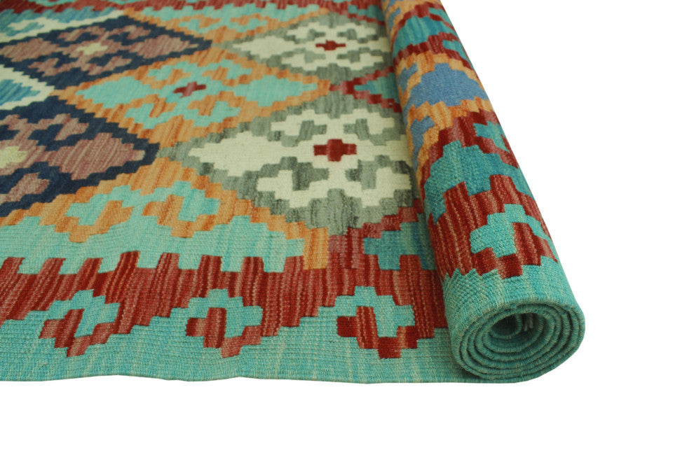 Sangat Kilim BurCin Light Green/Navy Runner, 2'9x9'7