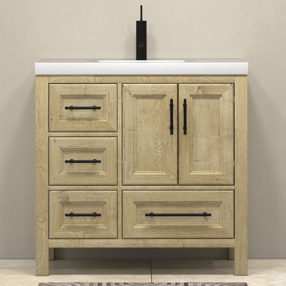 VIV 36" Solid Wood Freestanding Bathroom Vanity, Left Side Drawers, Oak