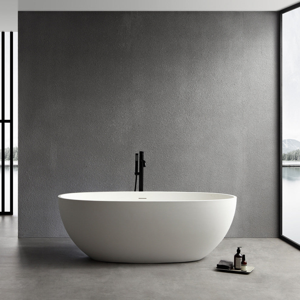 Stone Resin Solid Surface Freestanding Bathtub, White, 61"