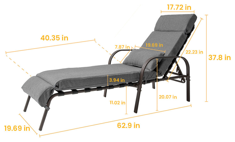 Set of 2 Adjustable Chaise Lounge Chair with Cushion & Pillow, Dark Gray