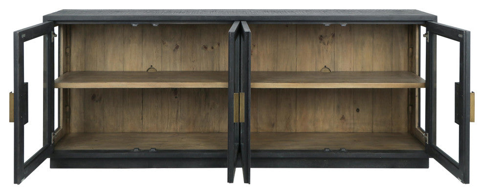 Larson 90" Glass Reclaimed Pine Wood Sideboard, Black