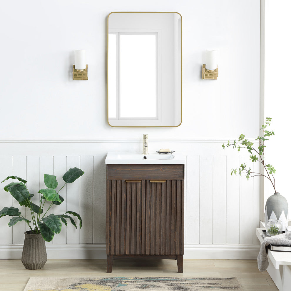 Palos Bathroom Vanity, Spruce Aged Brown, 24", Ceramic Top, With Mirror