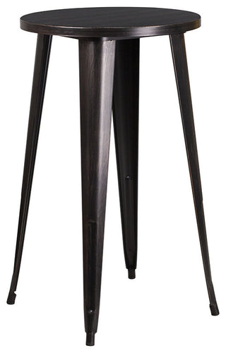 24" Round Black-Antique Gold Metal Indoor-Outdoor Bar Table Set, 4 Cafe Stools