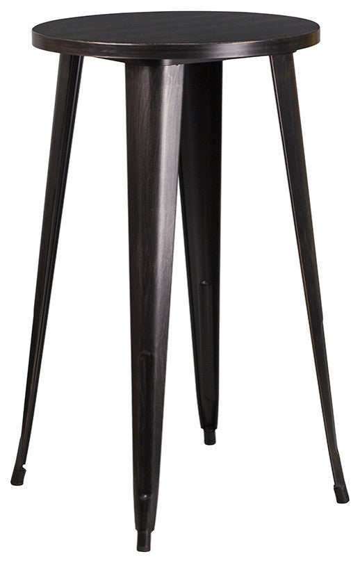 24" Round Black-Antique Gold Metal Indoor-Outdoor Bar Table Set, 4 Cafe Stools