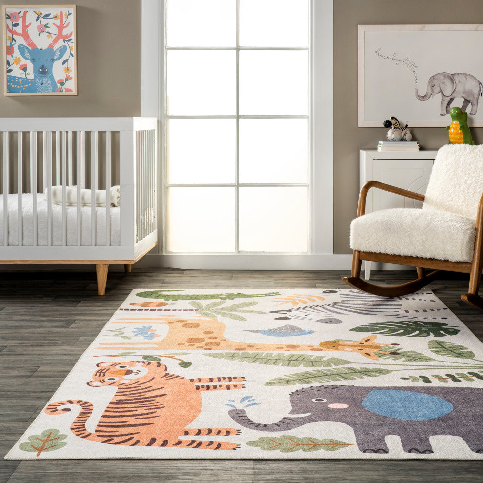 Nuloom Felipa Safari Washable Kids Area Rug, White Multicolor 7'x9'