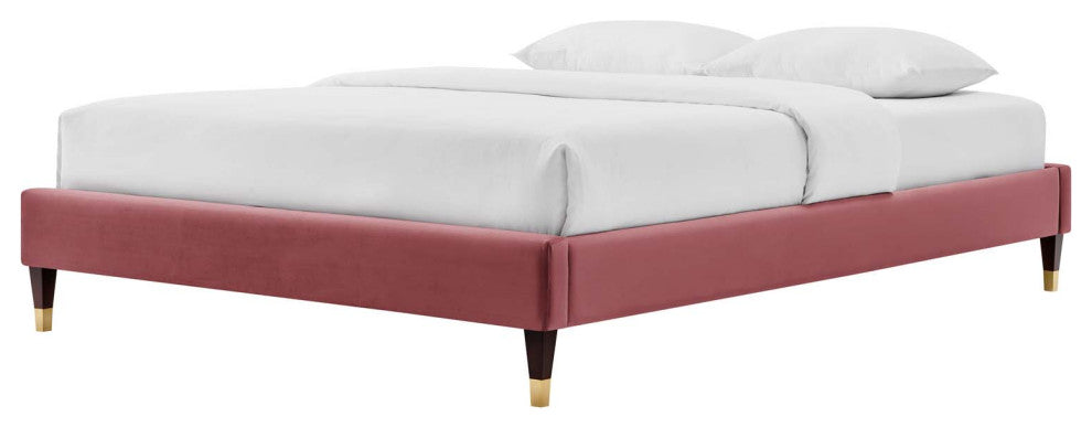 Platform Bed Frame, Queen Size, Velvet, Pink, Modern Contemporary, Bedroom