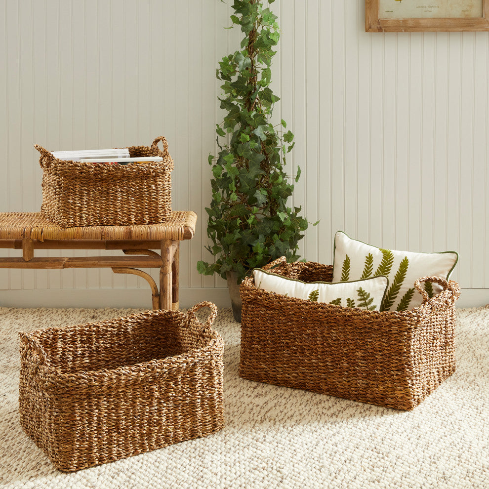 Seagrass Rectangular Baskets With Cuffs, Set of 3