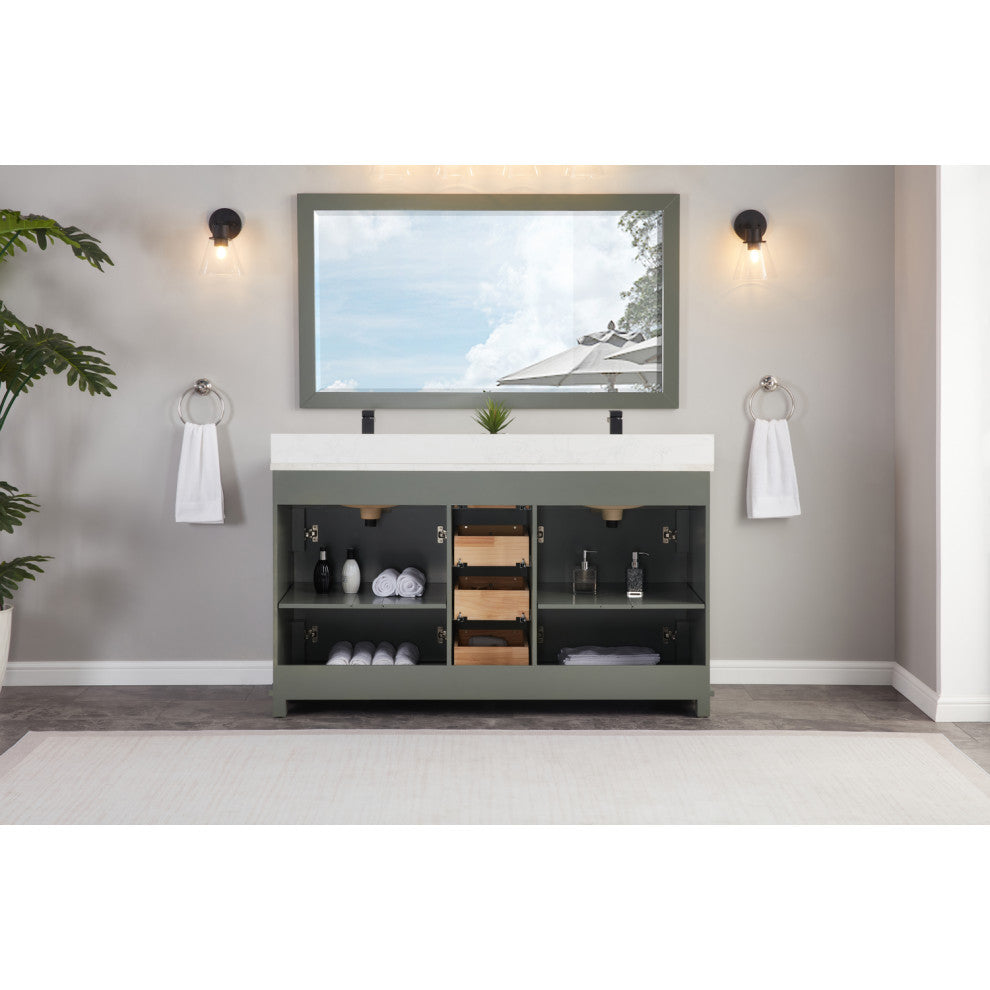 Legion Furniture WS2512 Series Bathroom Sink Vanity, Pewter Green, 60", Artificial Stone Top, Double Sink