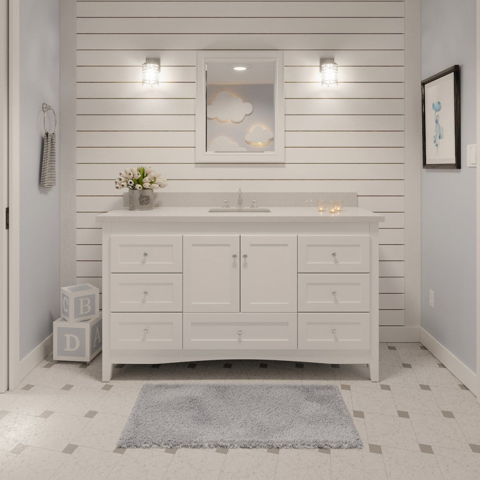 Abbey 60" Bath Vanity, Base: White, Top: Quartz, Single Vanity