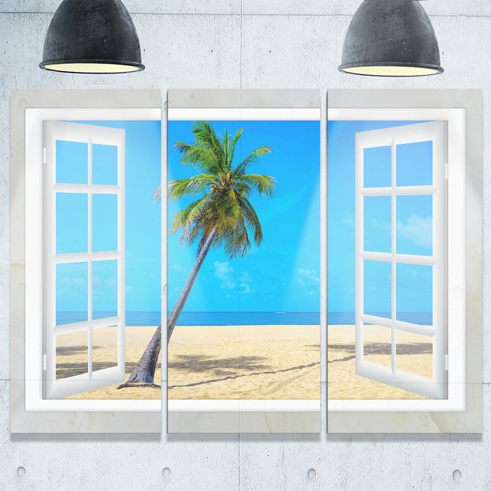 "Open Window to Beach With Palm" Metal Wall Art, 3 Panels, 36"x28"