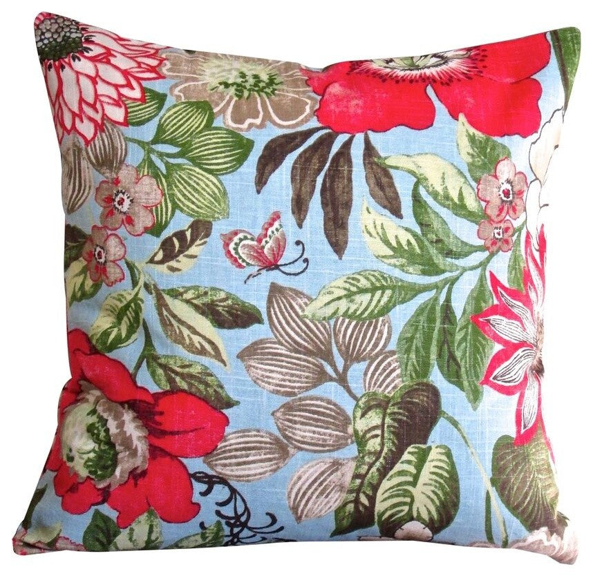 Indoor Butterfly Garden Flowers In Blue Cottage Floral 20x20 Throw Pillow