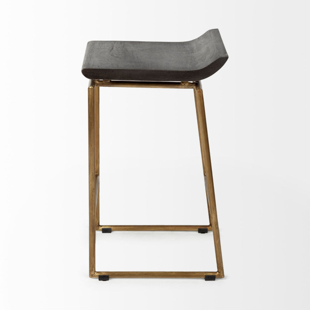 Givens Dark Brown Solid Wood Seat with Gold Metal Frame Counter Stool