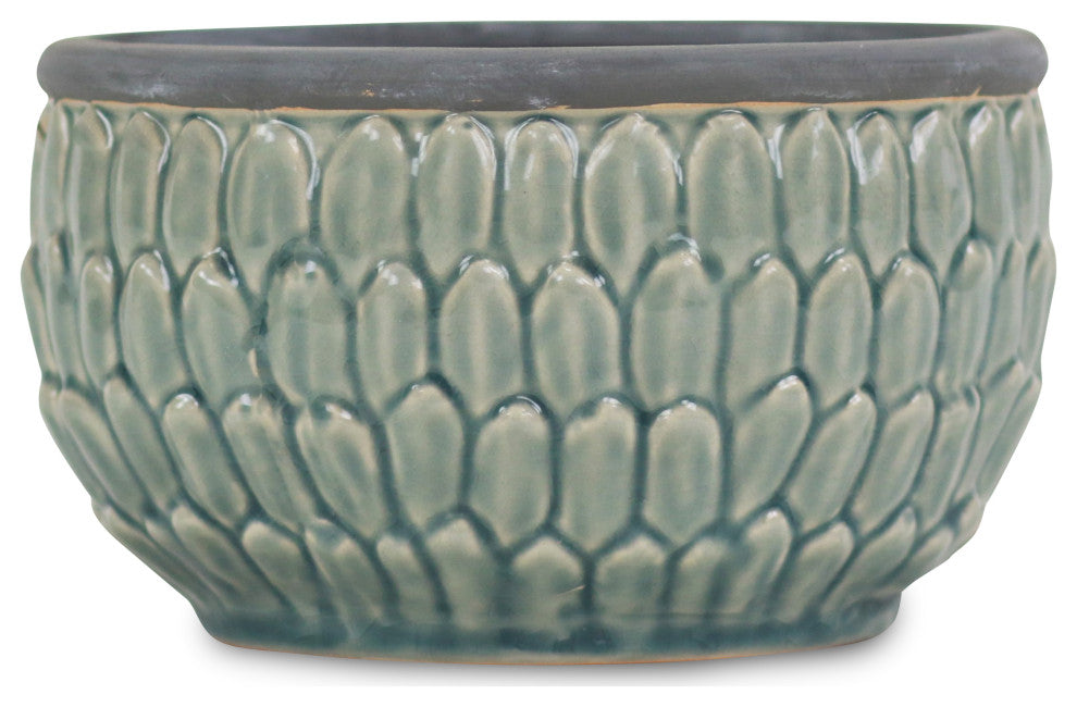 Round Blue Ceramic Pot, Overlapping Leaf Pattern, 8"