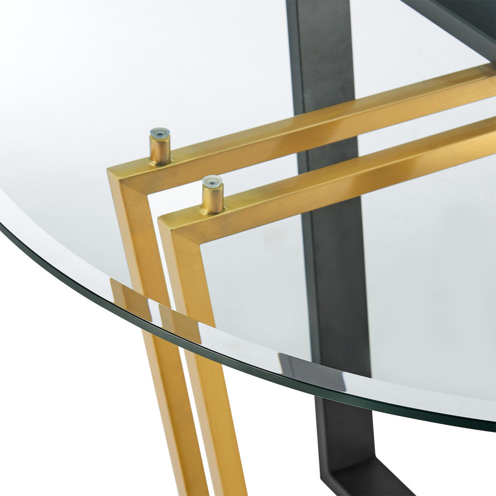 Devi 48" Round Glass Tabletop Dining Table With Gold and Black Base