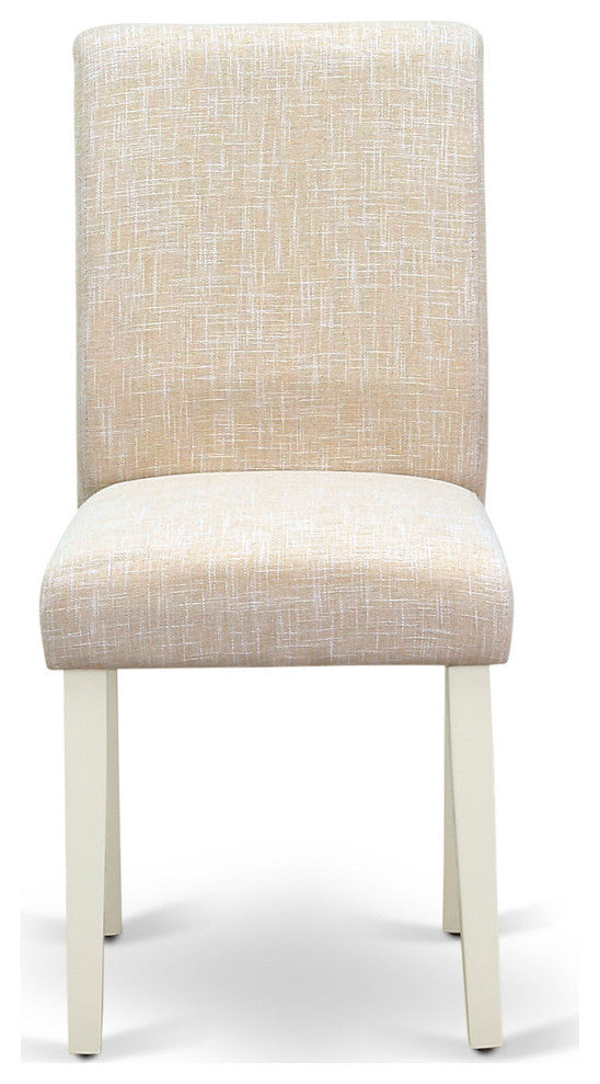 5Pc Rounded 42" Dining Table, Four Parson Chair, White Leg, Fabric Light Beige