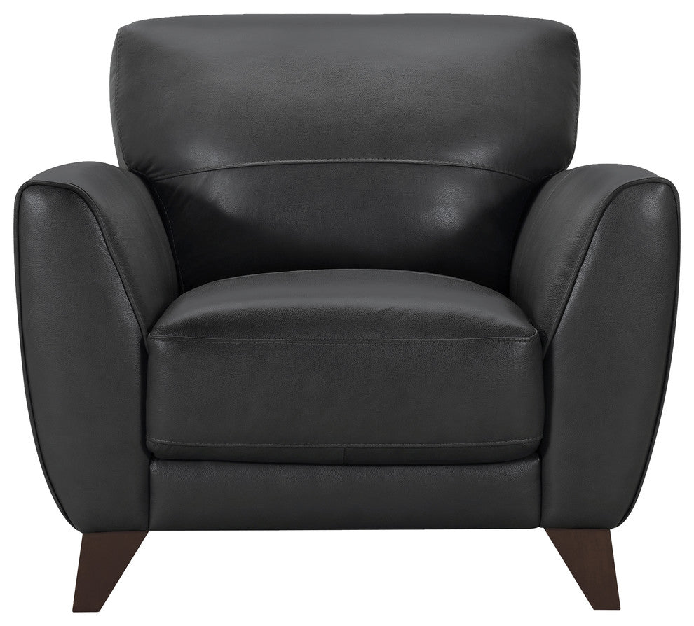 Jedd Contemporary Chair, Genuine Black Leather With Brown Wood Legs