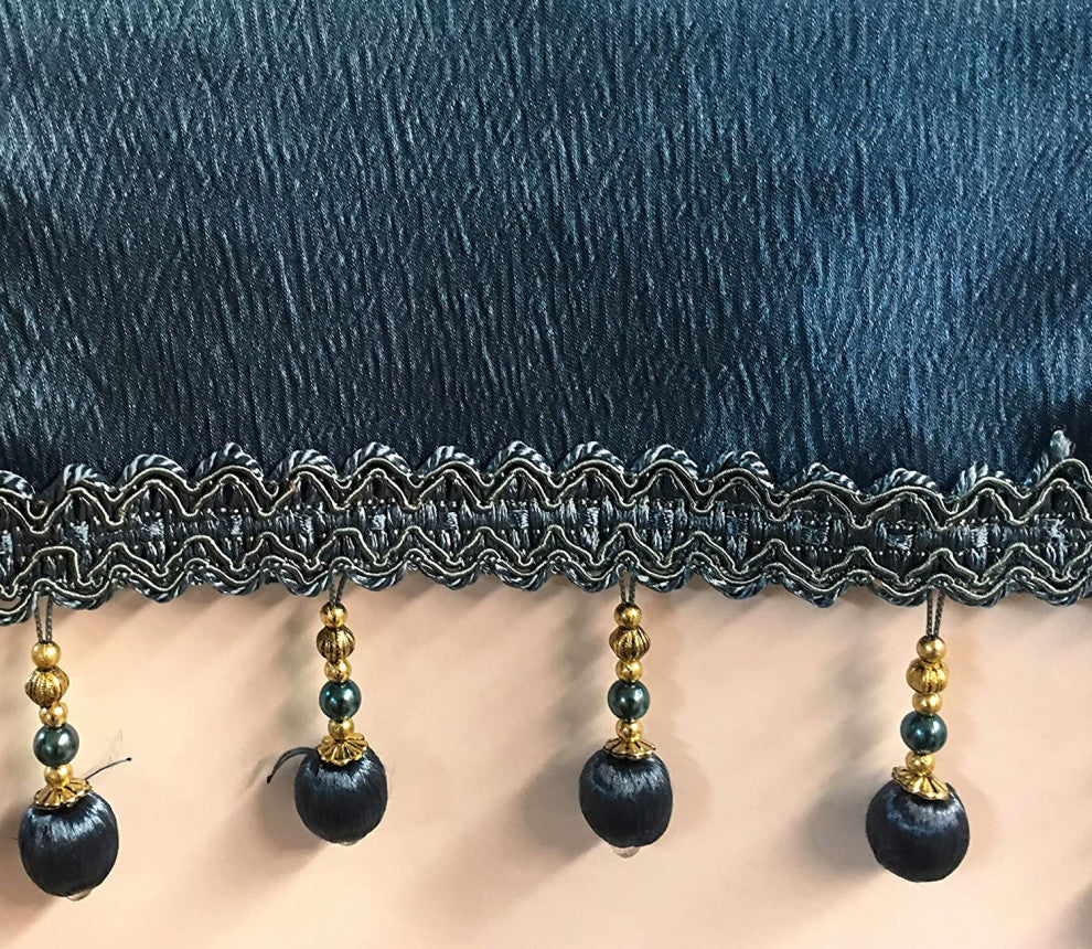Bridget 5 Piece Curtain Set with Beaded Austrian Valances, Smoke Blue