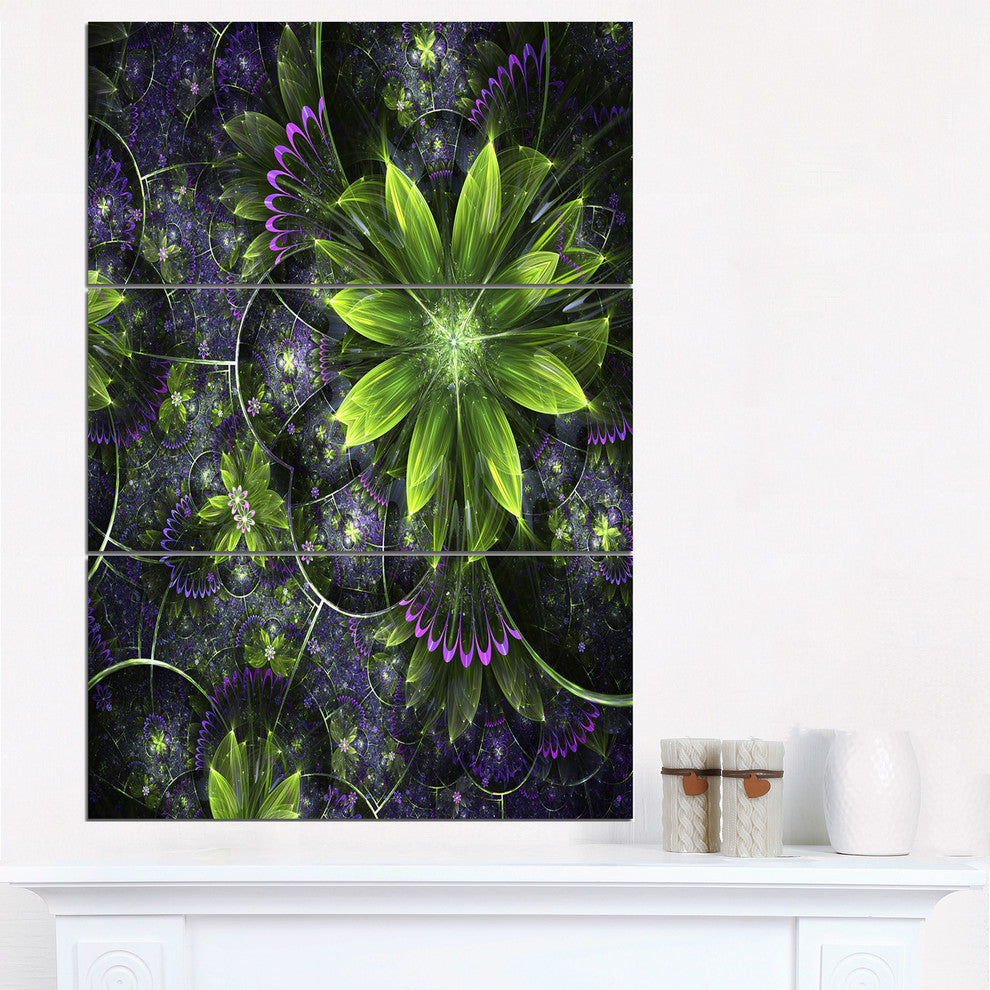 "Green Purple Fractal Flowers" Metal Wall Art, 3 Panels, 28"x36"