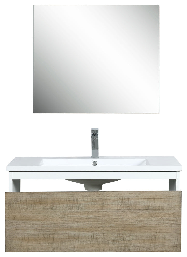 Scopi 36 Rustic Vanity, Acrylic Top With Sink, Gun Metal Faucet Set, 28 Mirror