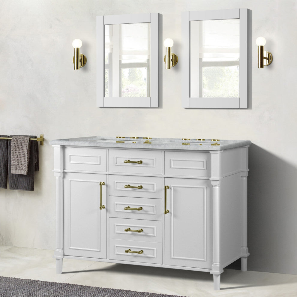 48" Double Vanity, White With White Carrara Marble Top