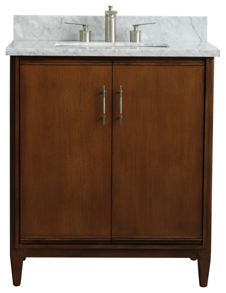 31" Single Sink Vanity, Walnut Finish With White Carrara Marble