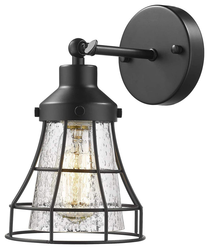 Seeded Glass Wall Sconce Black Arm Cage Wall Lamp