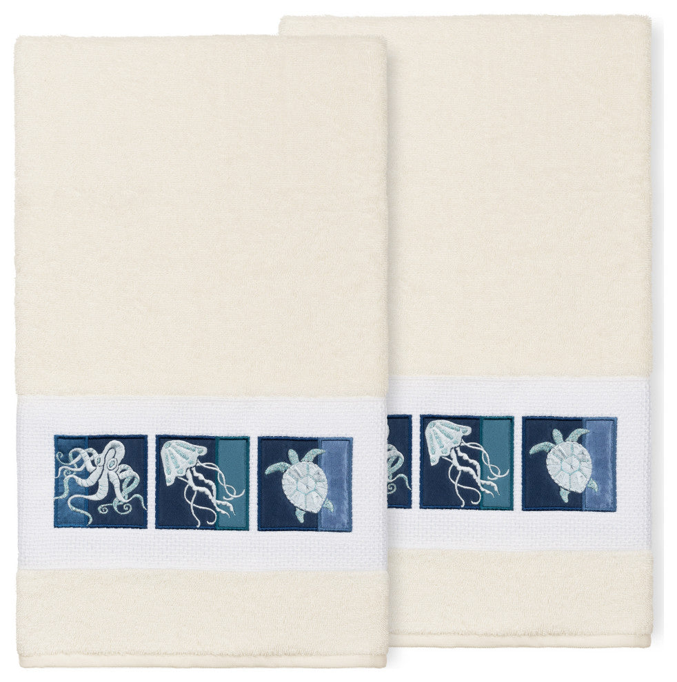 100% Turkish Cotton Ava 2-Piece Embellished Bath Towel Set, Cream