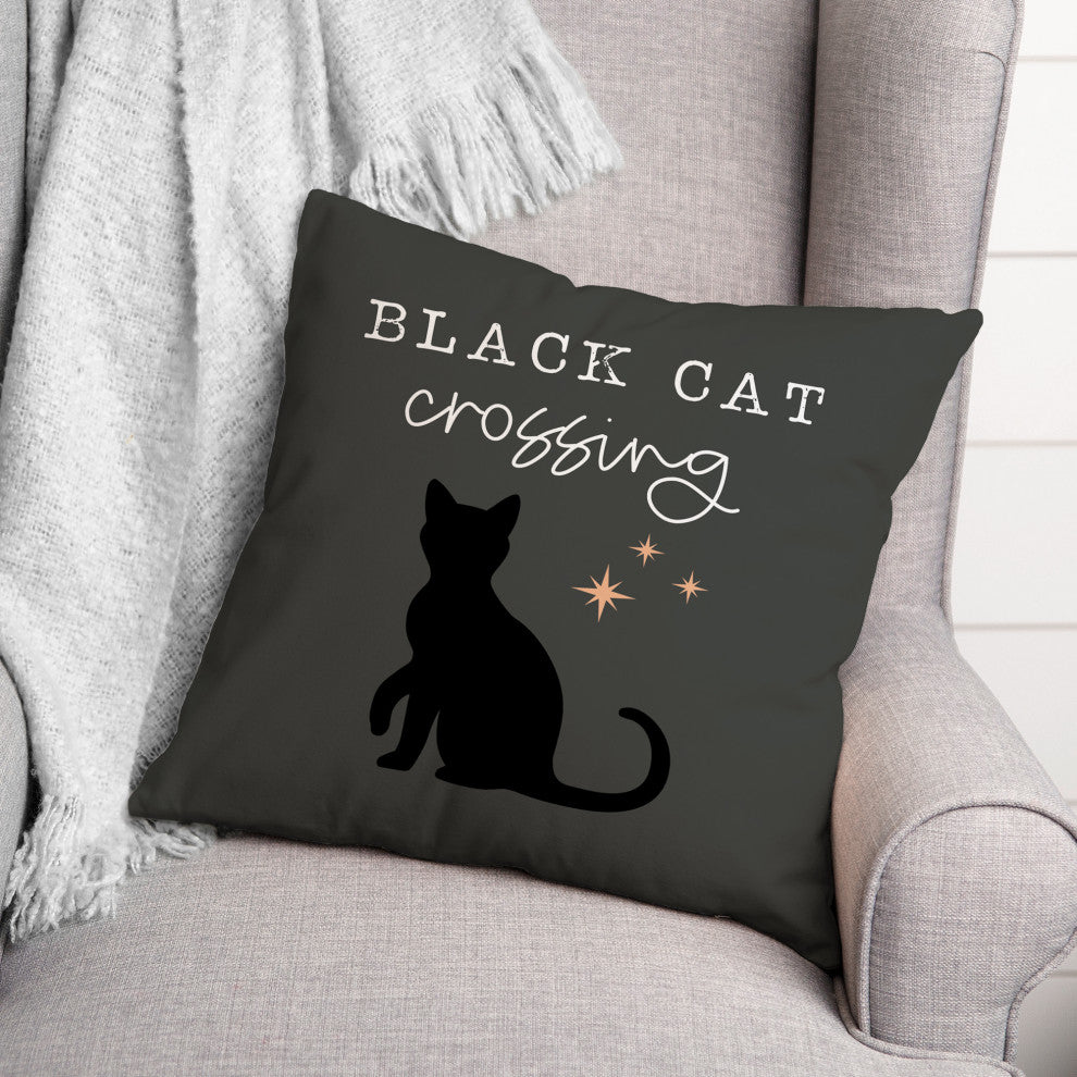 Black Cat Crossing Gray 16x16 Throw Pillow