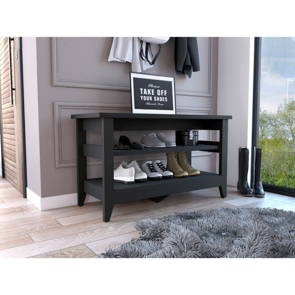 Vilna Storage Bench with 2 Open Shelves and 4 Legs, Black