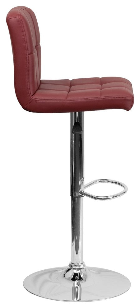 Contemporary Burgundy Quilted Vinyl Adjustable Barstool With Chrome Base