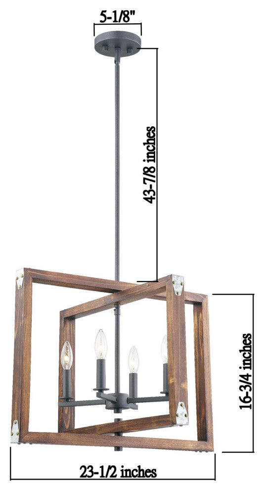 Rustic Wood In Burnt Brown Color 4-Light Pendant, No Bulbs