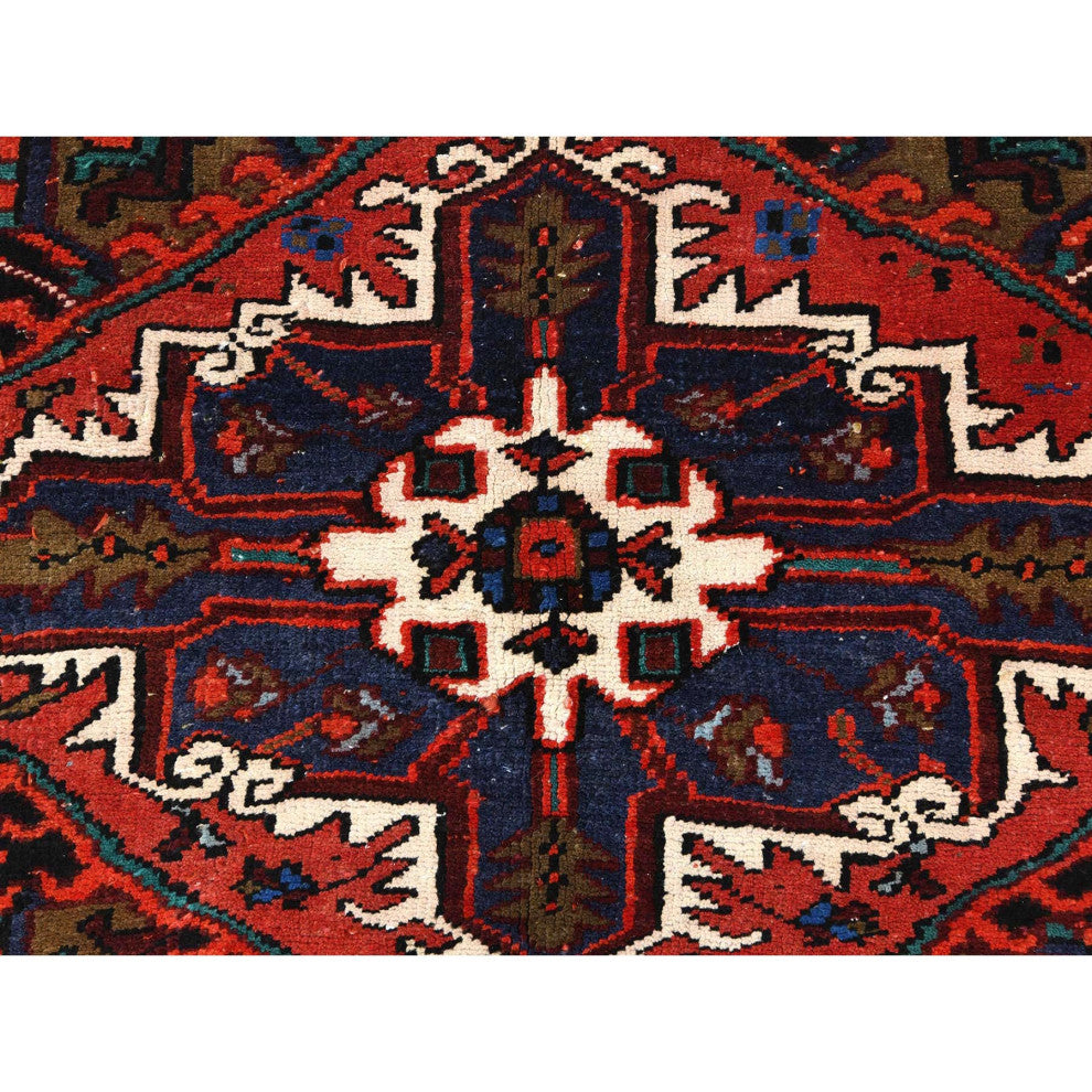 Tomato Red Vintage Zorostrian Heris Hand Knotted Worn Wool Rug, 6'8"x9'3"