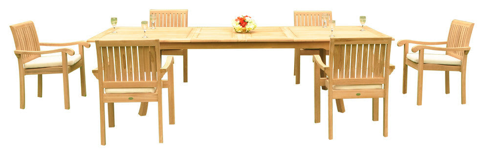 7-Piece Outdoor Teak Dining Set, 117" Rectangle Table & 6 Nain Stacking Chairs