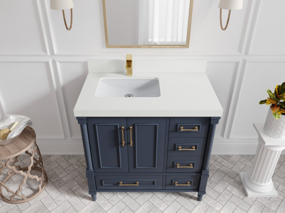 Aberdeen 36 Left Offset Bath Vanity in Hale Navy Blue  2" White Quartz