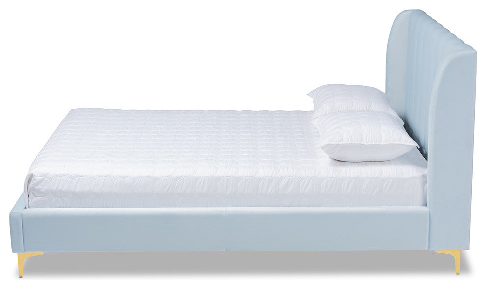 Carmen Light Blue Velvet Upholstered Queen Platform Bed With Gold-Tone Legs