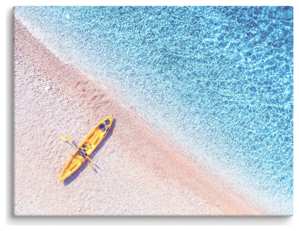 Yellow Canoe and Blue Sea by with Violet Glow Landscape Photo Canvas Art Print, 12" X 16"