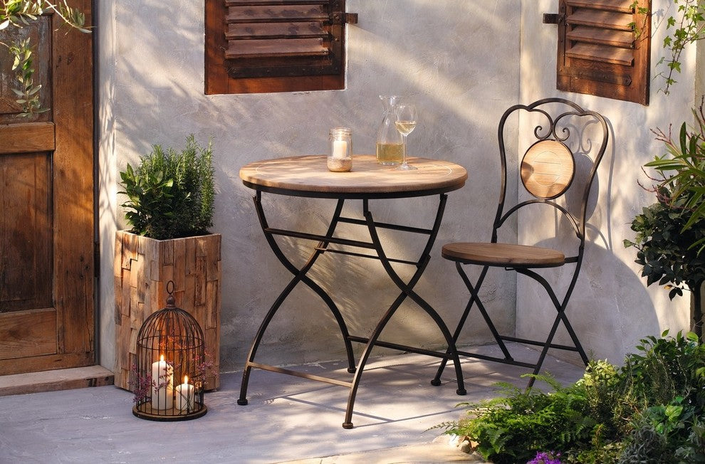French Cafe Bistro Folding Table, Black Metal Frame, Wood Round Top